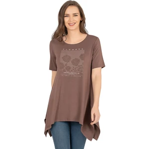Özkan Underwear Özkan 27024 Kadın Premium Yumuşak Kumaş Kahve Vorteks Viskon Likralı Önü Baskılı Kısa Kollu Büyük Beden Bluz Tunik