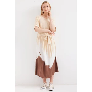 2504 Desenli Kısa Kol Viskon Elbise - Krem