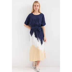 2504 Desenli Kısa Kol Viskon Elbise - Lacivert