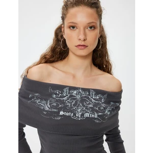 Madonna Yaka Tişört Kaşkorse Uzun Kollu Baskılı Pamuklu Slim Fit