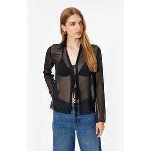 Tül Transparan Gömlek Önden Bağlama Detaylı Uzun Kollu