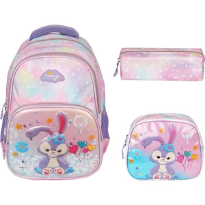 RLX-1370 Kız Çocuk  Kalemlikli Beslenme Çantalı Üçlü Set  Tavşan Desenli Ilk Okul Çantası Sırt Çantası