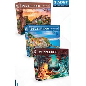 3 Adet 1000 Parça Puzzle - Colmar ve Ateş ve Su ve Cınque Terre