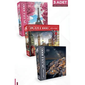 3 Adet 1000 Parça Puzzle - Eyfel Kulesi ve London ve Santorını