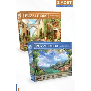 Puzzle 2'li Set 1000 Parça Eski Sokak ve Sahil Manzaralı Orta Zorluk 48x68 cm