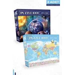2 Adet 1000 Parça Puzzle - Gezegenler ve Dünya Haritası-I