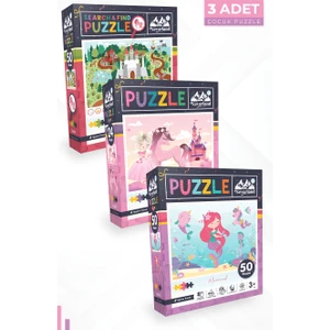 3 Adet Puzzle - 24 P. Sevimli Prenses ve 50 P.deniz Kızı ve 50 P. Ara ve Bul Sihirli Unıcorn