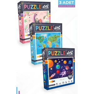 3 Adet 100 Parça Puzzle - Unıcorn ve Hayvan Dünya Haritası ve Gezegenler