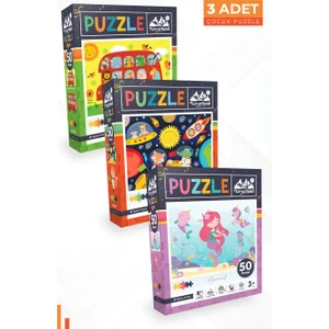 3 Adet 50 Parça Puzzle - Hayvanlarla Otobüs ve Ay Hayvanları ve Deniz Kızı