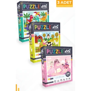 3 Adet 24 Parça Puzzle - Sevimli Dinozorlar ve Çiftlik Hayvanları ve Sevimli Prenses