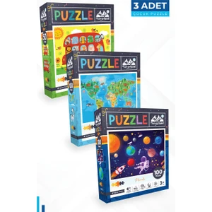 3 Adet Puzzle - 50 P. Hayvanlarla Otobüs ve 100 P. Hayvan Dünya Haritası ve 100 P. Gezegenler