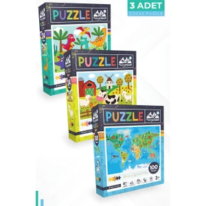 3 Adet Puzzle - 24 P.sevimli Dinozorlar ve 24 P. Çiftlik Hayvanları ve 100 P. Hayvan Dünya Haritası