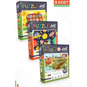 3 Adet 50 Parça Puzzle -  Hayvanlarla Otobüs ve Ay Hayvanları ve Ara ve Bul Çiftlik Arkadaşları