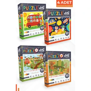 4 Adet Puzzle - 50 P. Hayvanlarla Otobüs ve Ay Hayvanları ve Çiftlik Arkadaşları ve Sonbahar Ormanı