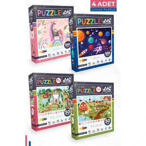 4 Adet Puzzle - 100 P. Unıcorn ve Gezegenler ve 50 P. Ara ve Bul Unıcorn ve Çiftlik Arkadaşları