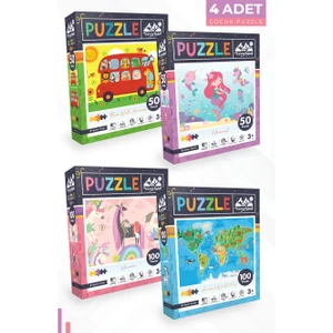 4 Adet Puzzle - 50 P.hayvanlarla Otobüs ve Deniz Kızı ve 100 P. Unıcorn ve Hayvan Dünya Haritası