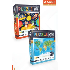 2 Adet Puzzle - 50 Parça Ay Hayvanları ve 100 Parça Hayvan Dünya Haritası
