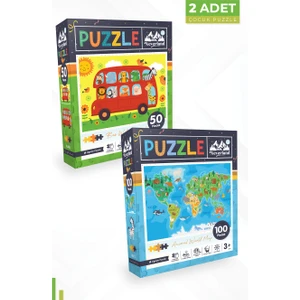 2 Adet Puzzle - 50 Parça Hayvanlarla Otobüs ve 100 Parça Hayvan Dünya Haritası