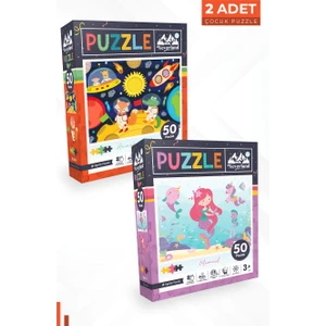 2 Adet 50 Parça Puzzle - Ay Hayvanları ve Deniz Kızı