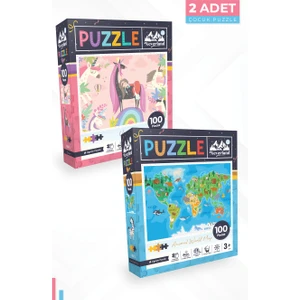 2 Adet 100 Parça Puzzle - Unıcorn ve Hayvan Dünya Haritası