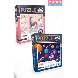 2 Adet 100 Parça Puzzle - Unıcorn ve Gezegenler