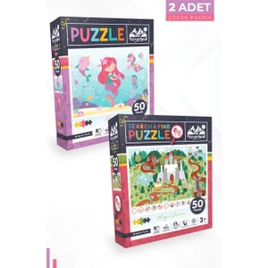 2 Adet Puzzle - 50 Parça Deniz Kızı ve 50 Parça Ara ve Bul Sihirli Unıcorn