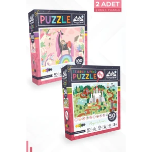 2 Adet Puzzle - 100 Parça Unıcorn ve 50 Parça Ara ve Bul Sihirli Unıcorn