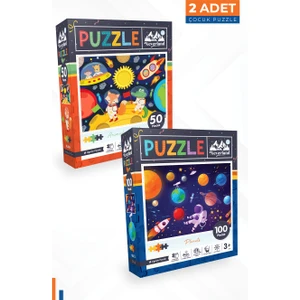 2 Adet Puzzle - 50 Parça Ay Hayvanları ve 100 Parça Gezegenler