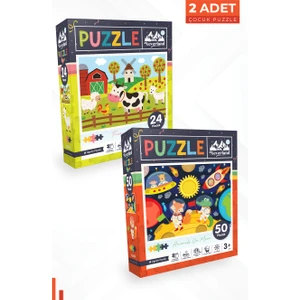 2 Adet Puzzle - 24 Parça Çiftlik Hayvanları ve 50 Parça Ay Hayvanları