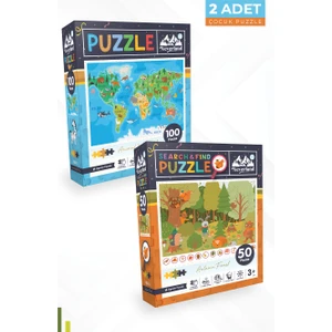 2 Adet Puzzle -  100 Parça Hayvan Dünya Haritası ve 50 Parça Sonbahar Ormanı