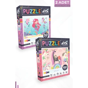 2 Adet Puzzle - 50 Parça Deniz Kızı ve 100 Parça Tek Boynuzlu At
