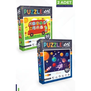 2 Adet Puzzle - 50 Parça Hayvanlarla Otobüs ve 100 Parça Gezegenler