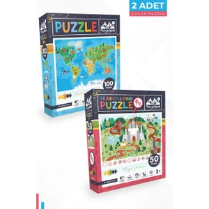 2 Adet Puzzle - 100 Parça Hayvan Dünya Haritası ve 50 Parça Sihirli Tek Boynuzlu At