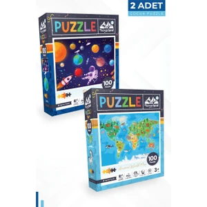 2 Adet Puzzle 100 Parça Gezegenler ve 100 Parça Hayvan Dünya Haritası