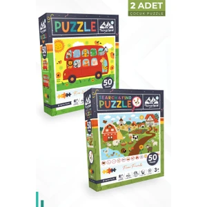 2 Adet Puzzle 50 Parça Hayvanlarla Otobüs ve 50 Parça Çiftlik Arkadaşları