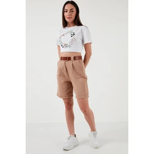 Fashion Friends Pamuklu Yüksel Bel Gabardin Şort Camel