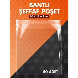 Tuğset Etiket Bantlı Şeffaf Poşet (20x25+5cm)   50 Adet Parlak Jelatin Paket Poşeti -T1019