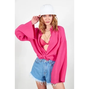 Fuşya Pembe Kolları Salaş Yıkamalı Müslin Oversize Rahat Kalıp Kadın Basic Gömlek| MKS166881-01-6881