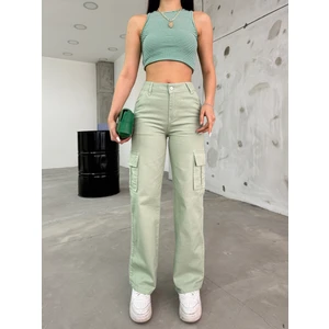 Kadın Açık Yeşil Yüksek Bel Geniş Paça Wide Leg Kargo Pantolon