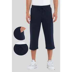 Erkek Cepleri Fermuarlı Lacivert Bermuda Diz Altı Kapri Beli Ayarlanabilir Lastikli Uzun Şort