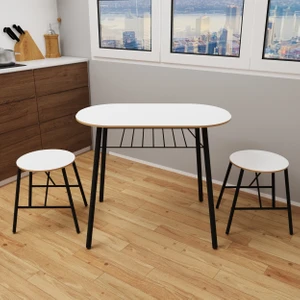 Güzelkan Madeni Eşya Masa Sandalye Takımı Beyaz Mermer Desen Oval Mutfak Masası Tabure Takımı Yemek Masası Balkon Masa Takımı  1240