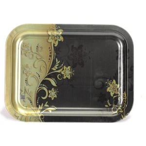 Çiçek Desenli 233x307 mm Dikdörtgen Metal Dekoratif Sunum Tepsisi - Siyah Sarı