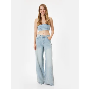 Oversize Kot Pantolon Normal Bel Uzun Bol Paça Düğmeli Cepli - Loose Straight Fit Jeans