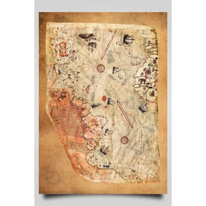 Hari Tasarım Piri Reis 1513 Dünya Haritası- Eskitme Zemin, Yazısız Yatay Veya Dik Kullanılabilen-Çerçevesiz Poster-Harita Sanatı, Map Art Design