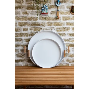 Hem Life 2 Li Ahşap Kulplu 51 cm Metal Tepsi ve 37 cm Beyaz Tepsi Çay Kahve Sunum Tepsisi