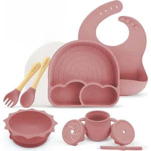 Cloudy 11 Parça Full Silikon Bebek Beslenme Seti: Dark Pink Renk, Bpa/pvc Içermez, Doğal, Güvenli, Esnek