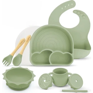 Cloudy 11 Parça Full Silikon Bebek Beslenme Seti: Olive Renk, Bpa/pvc Içermez, Doğal, Güvenli, Esnek