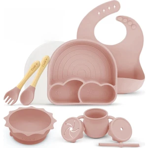 Cloudy 11 Parça Full Silikon Bebek Beslenme Seti: Rose Pink Renk, Bpa/pvc Içermez, Doğal, Güvenli, Esnek