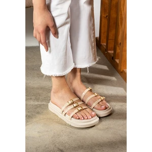 Yula Fashion Shoes Krok Desenli Bantlı Terlik -Bej