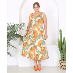 Butik Nilyam Kadın Büyük Beden Suluboya Desenli Kolsuz Kruvaze Yaka Maxi Elbise 24134
